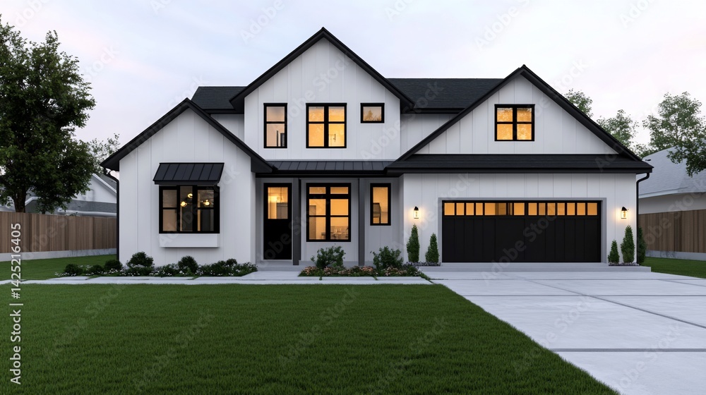 Elegant modern farmhouse with white siding and black trim at dusk Elegant modern farmhouse with white siding and black trim at dusk