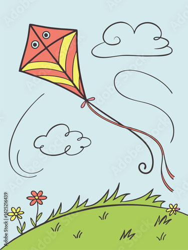 Cartoon Kite Flying in Sky with Clouds and Green Hill. Colorful Hand-Drawn Illustration for Children's Books, Spring Theme