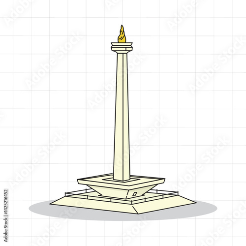 Gold Flame National Monument Illustration, Iconic Landmark of South East Asia City