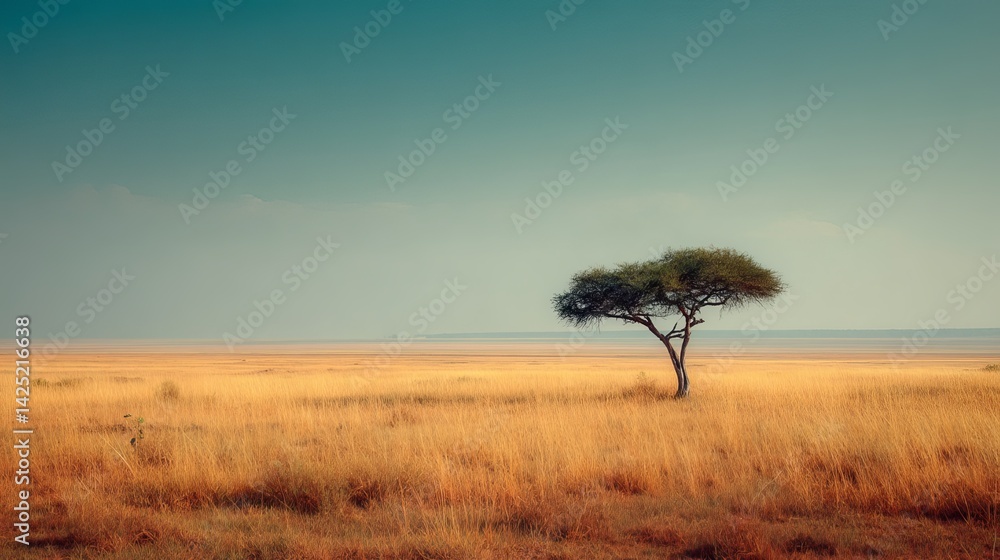 Obraz premium A solitary tree stands gracefully amidst expansive golden grasses under a serene blue sky.