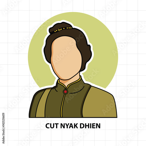 Illustration of Cut Nyak Dien, Aceh's resistance leader, in traditional warrior attire with a fierce expression.