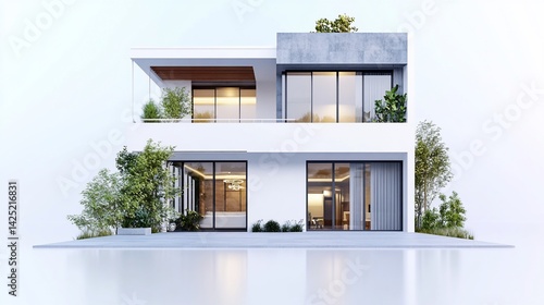 Modern two-story house with white walls, large glass windows and plants around it