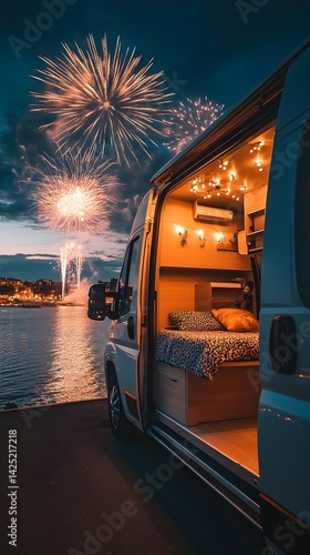 Campervan Vacation Fireworks over Calm Waters Enjoying Nighttime Seaside Views from Cozy Van Conversion