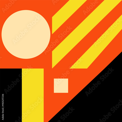 Bold Geometric Brutalism Background in Orange and Yellow. Colorful abstract brutalist background with bold geometric shapes in red, yellow, and black. Perfect for modern design themes.