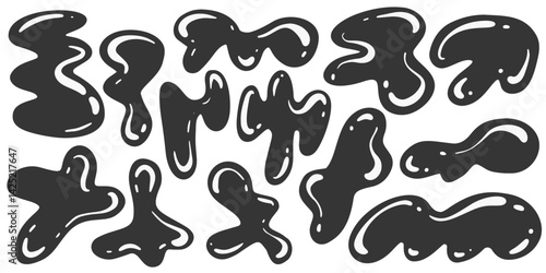 Abstract blob shapes. Organic liquid random wavy forms. Irregular fluid black spots and bubbles. Vector glossy elements. Trendy drops silhouettes. Modern Y2K swirl amoeba splotch.
