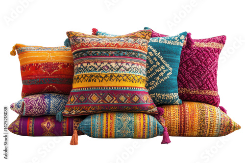 Vibrant ethnic patterned throw pillows stacked showcasing rich colors and textures against a on transparent background