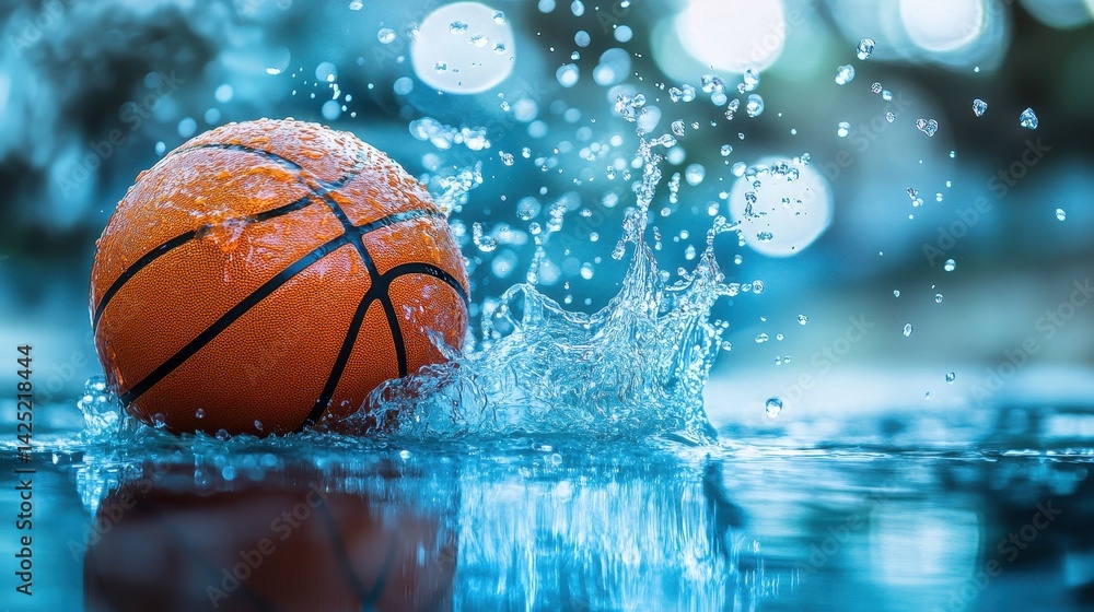 Basketball bounces in water with splash against blue bokeh background. Use for sports, recreation, or conceptual themes like overcoming obstacles. Basketball bounces in water with splash against blue bokeh background. Use for sports, recreation, or conceptual themes like overcoming obstacles.