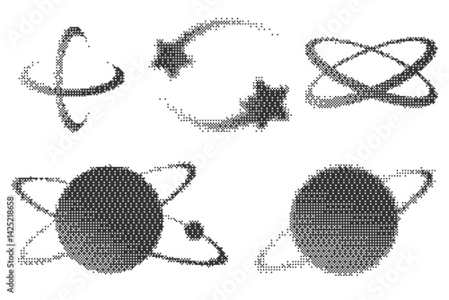 Bitmap pattern abstract cosmic shapes. Vector planets with orbits and stars. Halftone gradient elements on white background. Y2k graphic abstract icons. Dither noisy grunge texture.