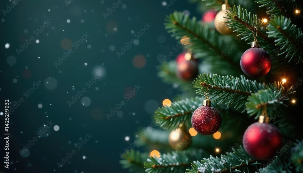 Snowflakes falling on a decorated Christmas tree, holiday, holly Snowflakes falling on a decorated Christmas tree, holiday, holly