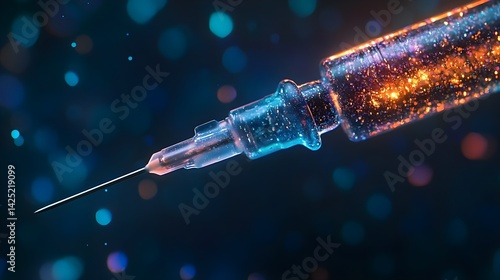Close up view of a medical syringe filled with glowing liquid a detailed shot of a needle and a transparent barrel