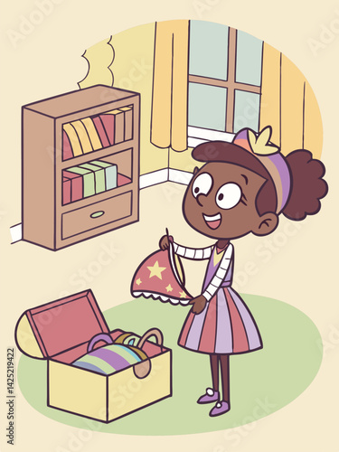 Young Girl in Princess Costume Choosing Dress-Up Clothes from a Treasure Chest in a Bedroom Illustration
