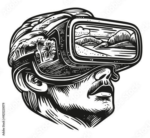 Detailed Engraving Illustration of a Man Wearing Virtual Reality Goggles