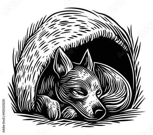 Cozy Dog Resting in Shelter Engraving Illustration Art Style