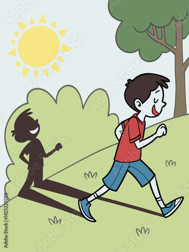 Boy Running in Sunlight: Cartoon Illustration of Child Exercising Outdoors with Shadow on Green Hillside Under Bright Sun