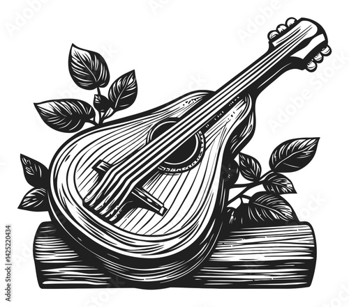 Detailed Engraving of a Mandolin Surrounded by Leaves and Wood