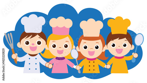 Happy Cartoon Chef Kids with Utensils and Chef Hats on Blue Background Design