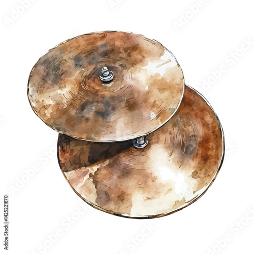Cymbals, watercolor illustration, isolated on a white background.

