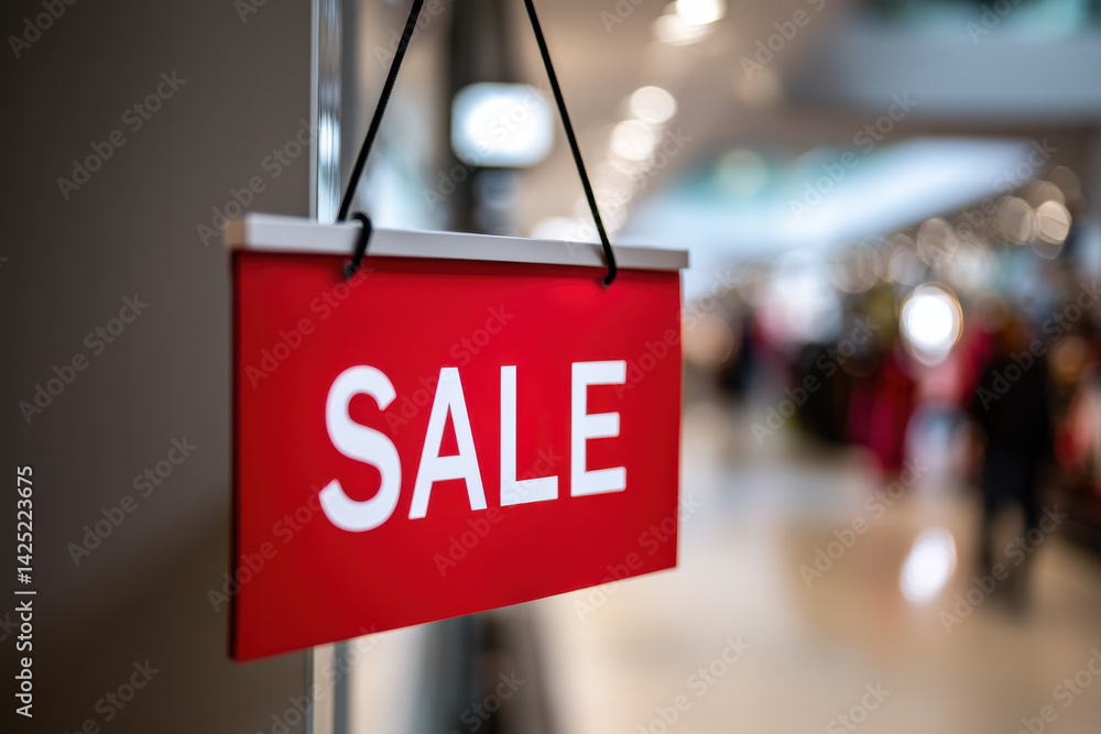 Red sale sign hanging from ceiling at the store in shopping mall