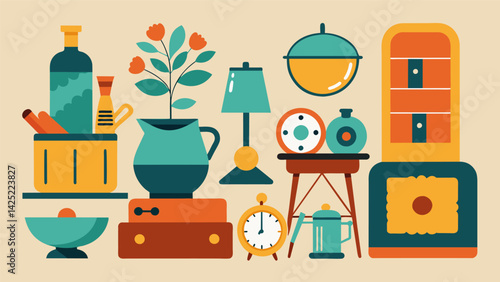 A curated vintage collection of home decor items adds a touch of nostalgia and character to any living space.. Vector illustration