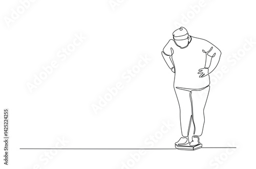 Unhappy obese woman on the scales in continuous one line drawing. Single line art illustration of female excess weight problems. Editable vector.