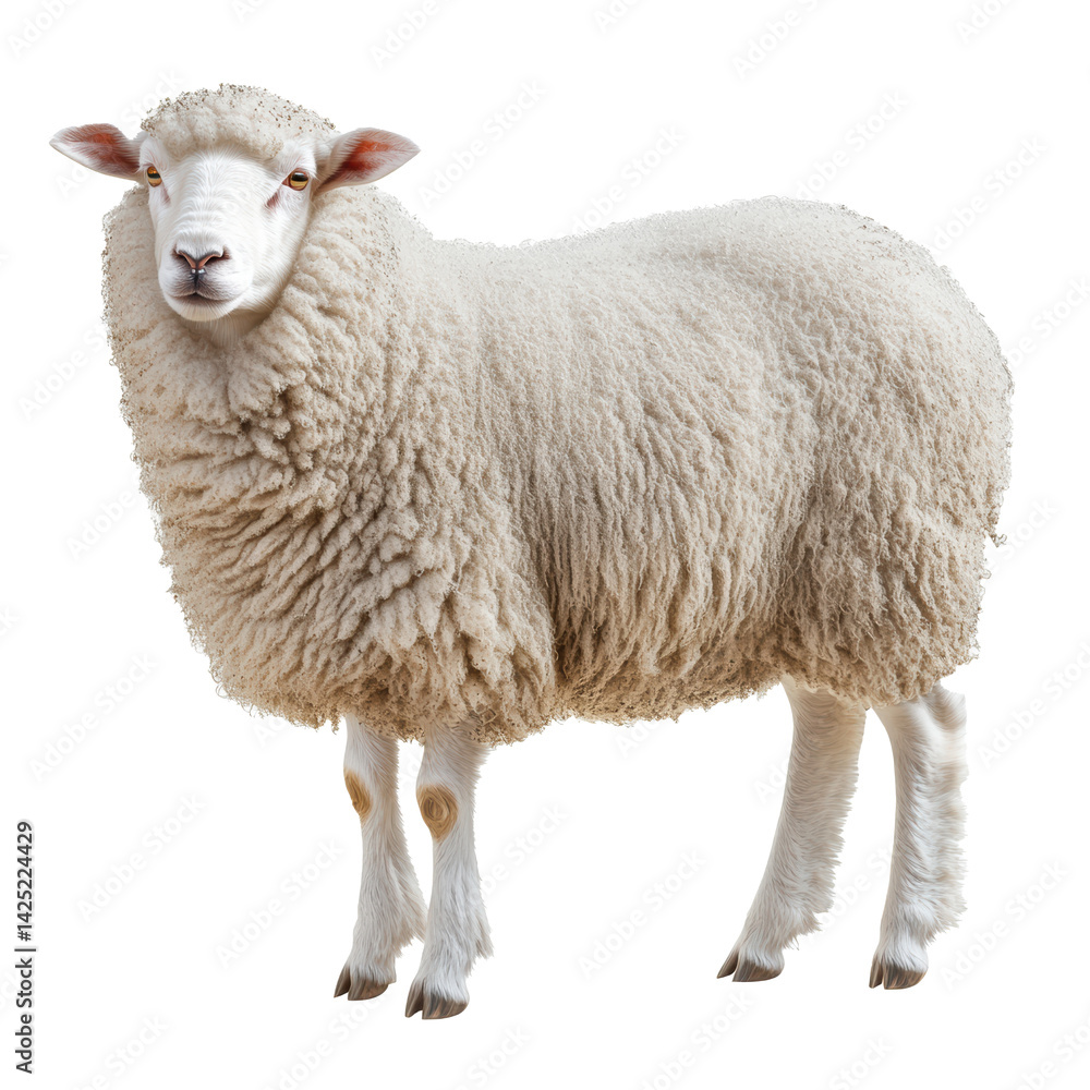 Fototapeta premium A Fluffy White Sheep Standing Against a Black Background A Detailed Portrait of a Domestic Sheep Breed