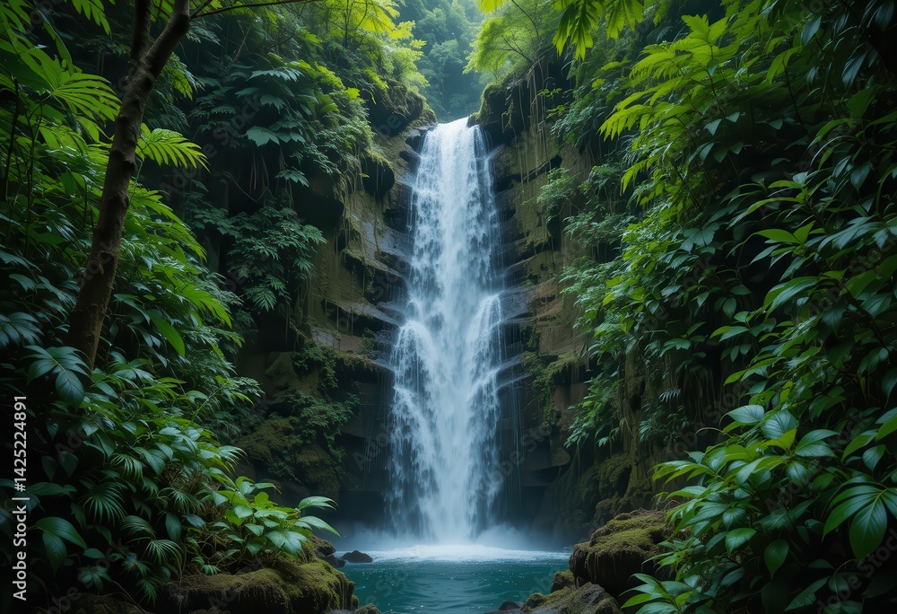 Obraz premium Majestic waterfall cascading through lush forest in a tropical paradise