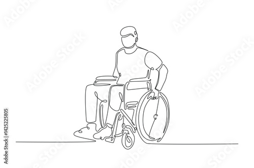 Woman with physical disability sitting in wheel chair in continuous one line drawing. Single line art illustration of disabled person on wheelchair. Editable vector.