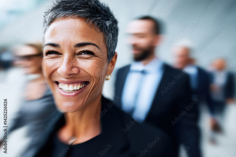 Portrait of a smiling businesswoman with people in blurred motion behind her Portrait of a smiling businesswoman with people in blurred motion behind her
