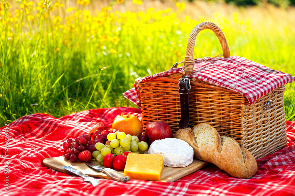 The image depicts a picnic basket filled with various food items such as fruits, cheese, and bread, placed on a red and white plaid blanket in a lush, green field with yellow flowers in the background