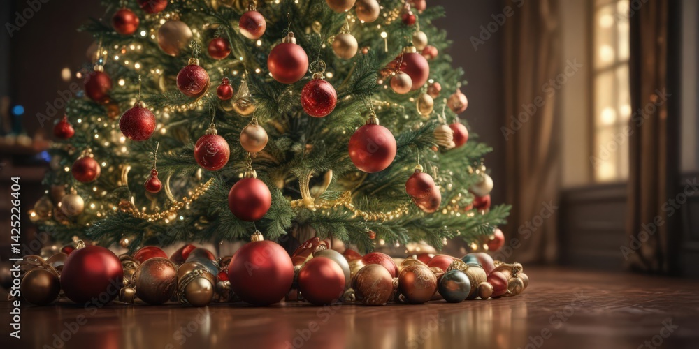 Ornate Christmas tree, vibrant baubles, soft bokeh lights , festive season, magic Ornate Christmas tree, vibrant baubles, soft bokeh lights , festive season, magic