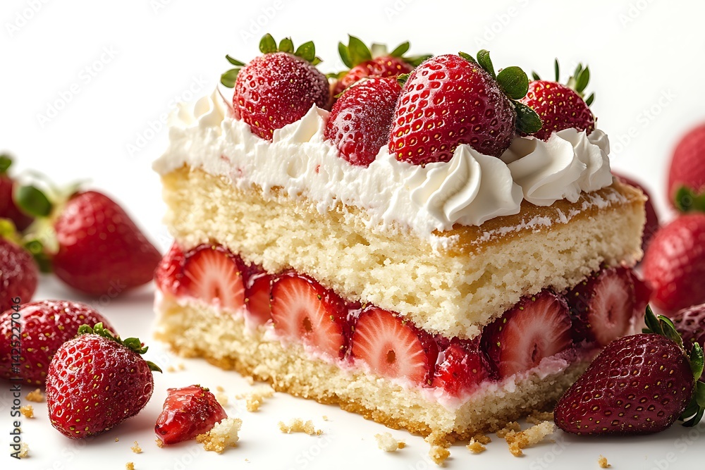 Delicious Slice of Strawberry Shortcake Topped with Cream on a White Background Delicious Slice of Strawberry Shortcake Topped with Cream on a White Background