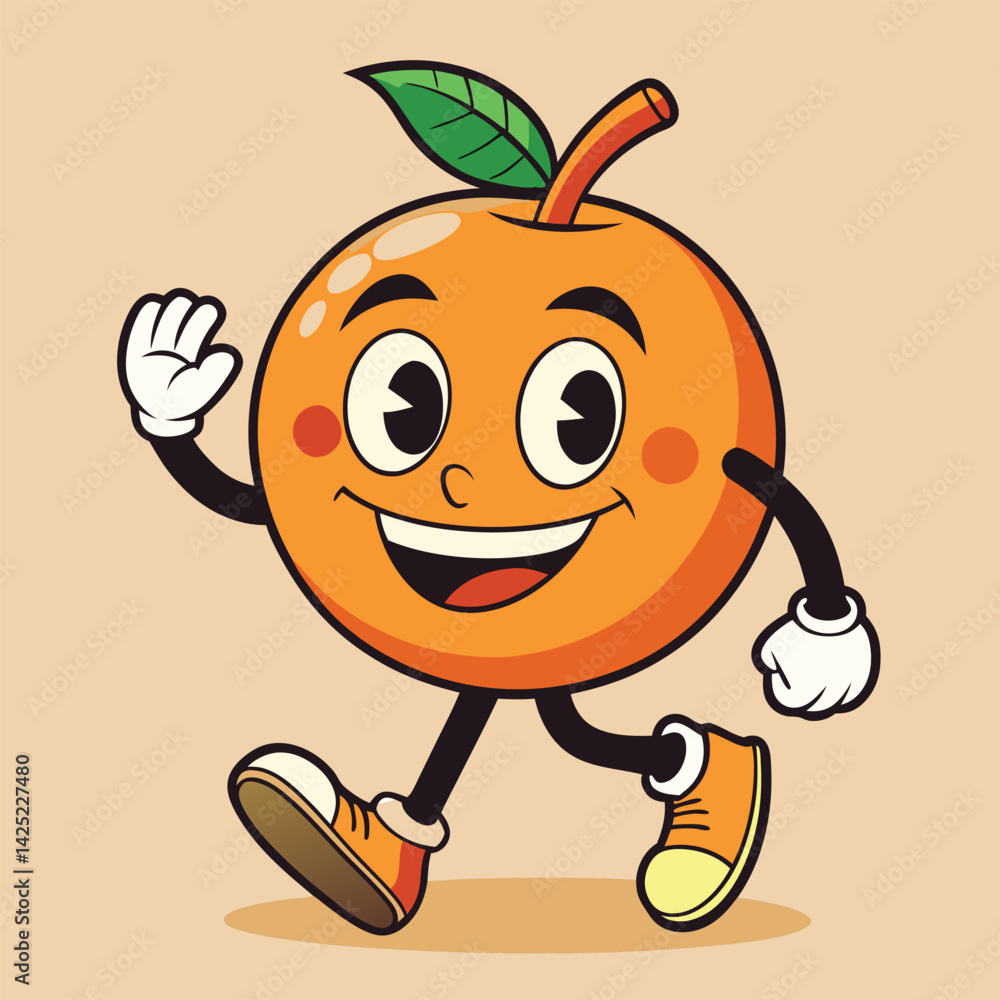 Groovy orange mascot. Funky retro character. cartoon apple, smiling, walking. Funny vintage trendy style character. Doodle Comic collection Groovy orange mascot. Funky retro character. cartoon apple, smiling, walking. Funny vintage trendy style character. Doodle Comic collection