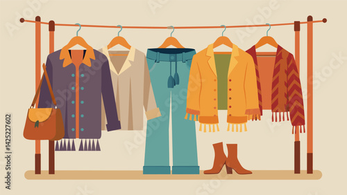 A bohemianinspired clothing rack filled with peasant tops fringe jackets and bell bottom jeans.. Vector illustration