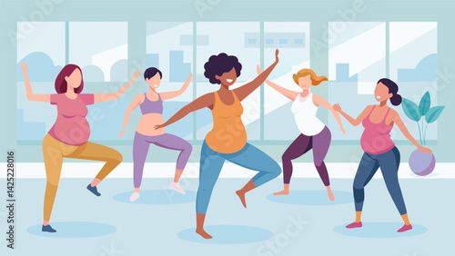 In a spacious dance studio a group of pregnant women participate in a lowimpact fitness class specially designed to support their changing bodies. Vector illustration