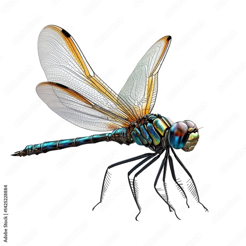 A Stunning Close-Up of a Vibrant Dragonfly in Flight, Detailed Wings and Iridescent Body Against a Black Background A Stunning Close-Up of a Vibrant Dragonfly in Flight, Detailed Wings and Iridescent Body Against a Black Background