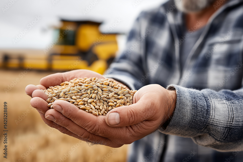 close-up of a man's hand, full of wheat grains, blurred background, harvesters working, sunny day, harvesting crops, depth of field, high-definition, natural colors close-up of a man's hand, full of wheat grains, blurred background, harvesters working, sunny day, harvesting crops, depth of field, high-definition, natural colors