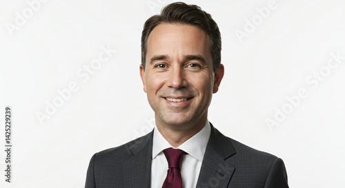 Professional portrait of a smiling businessman in a dark suit and burgundy tie, neatly groomed hair, white shirt, minimalist white backdrop, modern business style