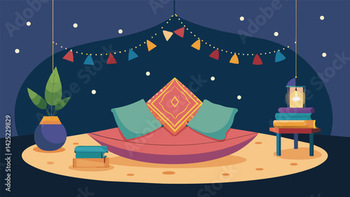 A bohemian inspired reading nook with colorful floor cushions and fairy lights strung around the walls offering a peaceful place to immerse oneself in.