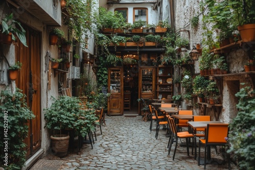 A restaurant patio with tables and chairs, and a large potted plant