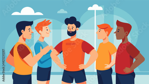 A group of athletes warming up before a game chatting about the latest rumor regarding their coachs unorthodox training ods..