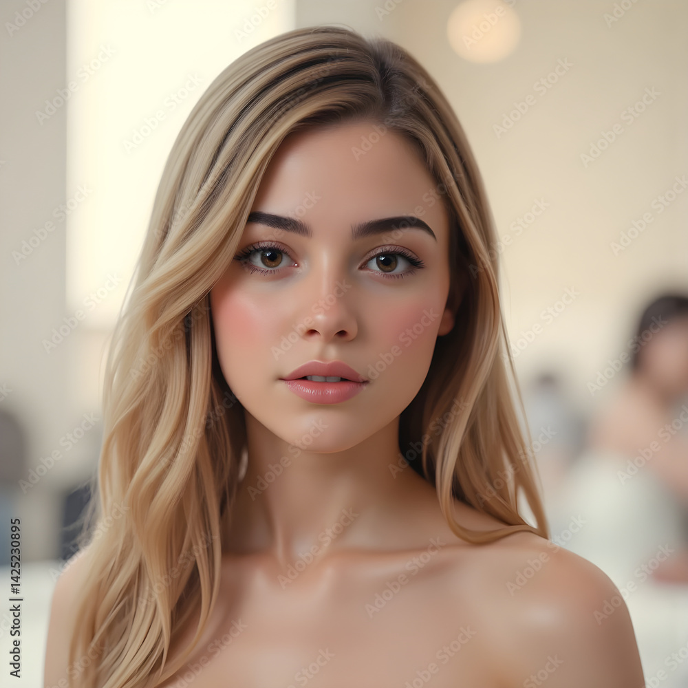 Blonde woman with flowing wavy hair standing elegantly near window, showcasing glowing skin and natural beauty under soft, diffused lighting Blonde woman with flowing wavy hair standing elegantly near window, showcasing glowing skin and natural beauty under soft, diffused lighting
