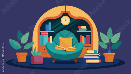 A cozy reading nook perfect for flipping through secondhand novels and magazines.. Vector illustration