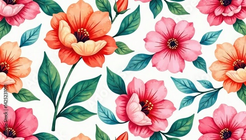 Wallpaper Mural Fluid watercolor floral motif, endless repeating design , vibrant, summer, nature Torontodigital.ca