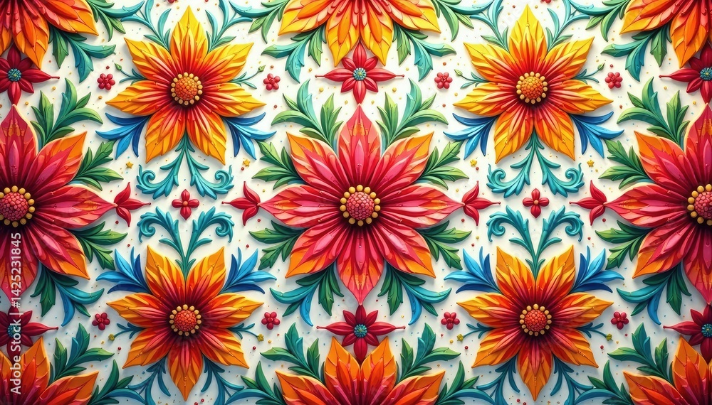 Intricate floral design repeating seamlessly across a vibrant background , summer, dark Intricate floral design repeating seamlessly across a vibrant background , summer, dark