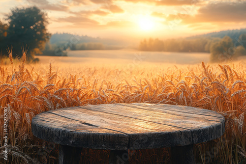 Rustic wooden table in sunlit wheat field at golden sunset