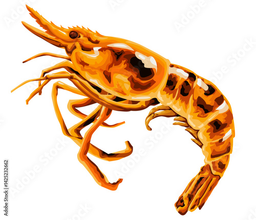Grilled shrimp illustration, cooked grilled shrimp, editable white background vector