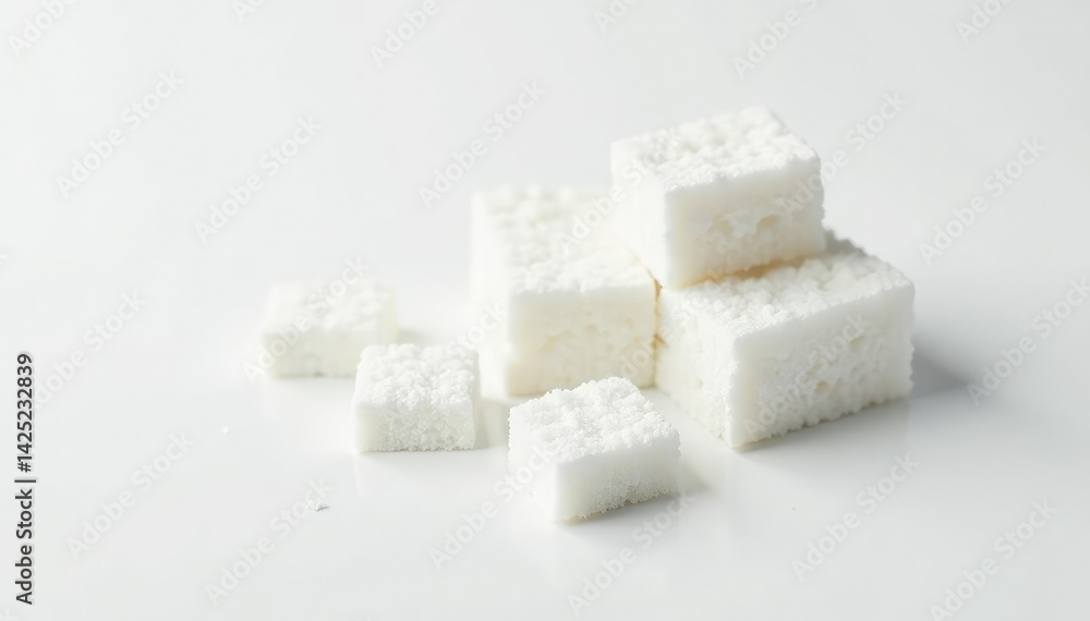 Lumps of white sugar against a white backdrop, recipe, sweetener, clean Lumps of white sugar against a white backdrop, recipe, sweetener, clean
