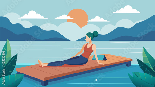 The gentle sound of water lapping against the shore can be heard during a soothing Pilates session on a floating dock providing a unique and. Vector illustration