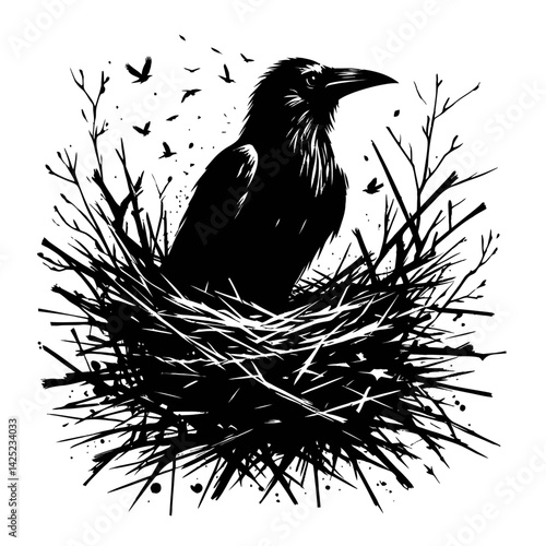 A crow-like bird in a messy nest with scattered twigs, rough-edged silhouette on white 