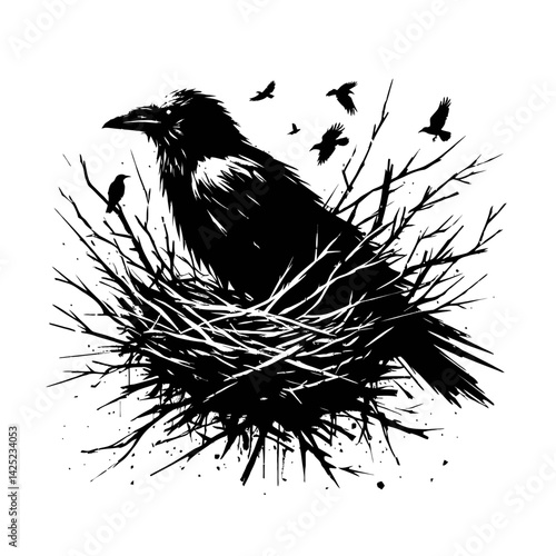 A crow-like bird in a messy nest with scattered twigs, rough-edged silhouette on white 